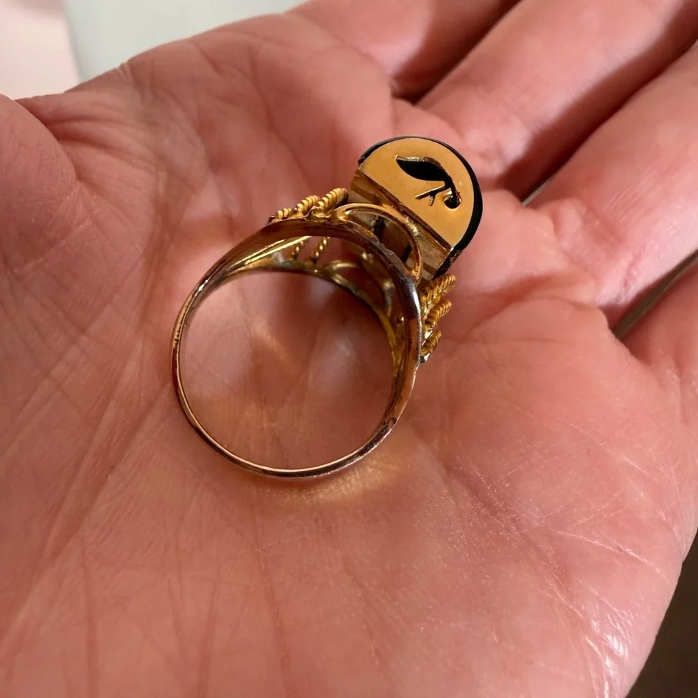 Vintage art deco Smoky Quartz cabochon gold plated oversized cocktail Ring